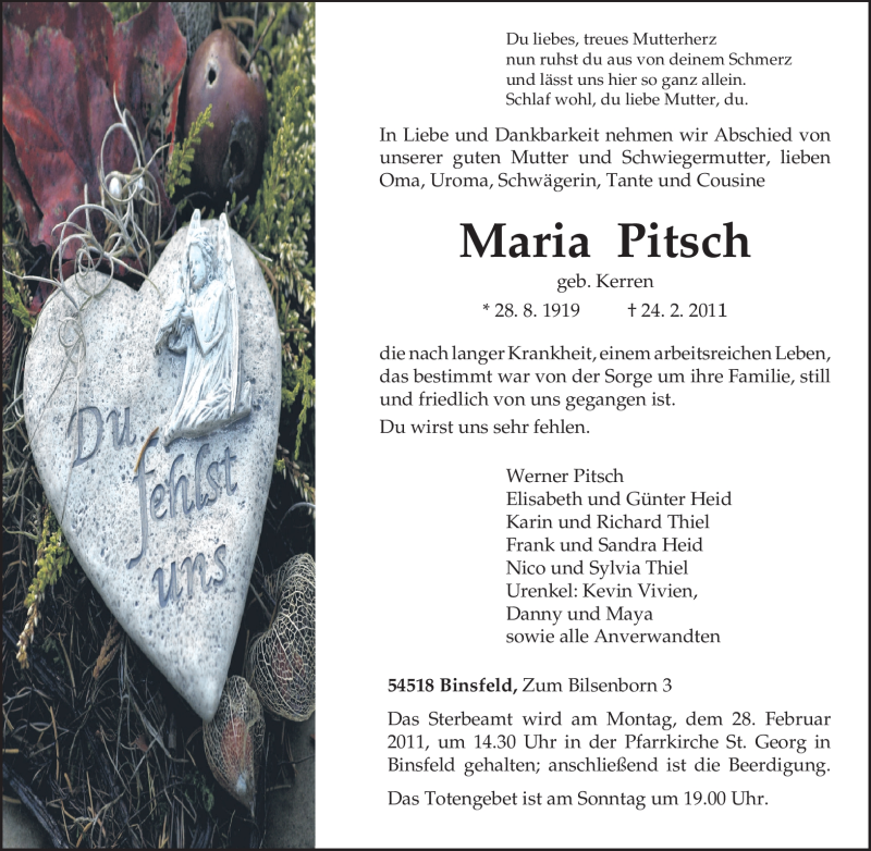  Traueranzeige für Maria Pitsch vom 26.02.2011 aus TRIERISCHER VOLKSFREUND