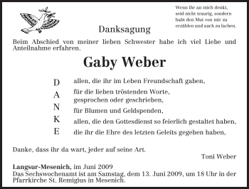 Traueranzeige von Gaby Weber von TRIERISCHER VOLKSFREUND