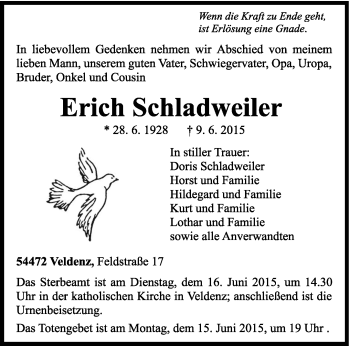 Traueranzeige von Erich Schladweiler von trierischer_volksfreund