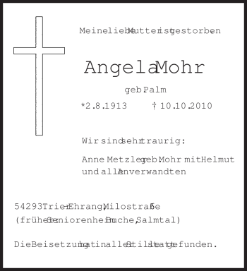 Traueranzeige von Angela Mohr von TRIERISCHER VOLKSFREUND