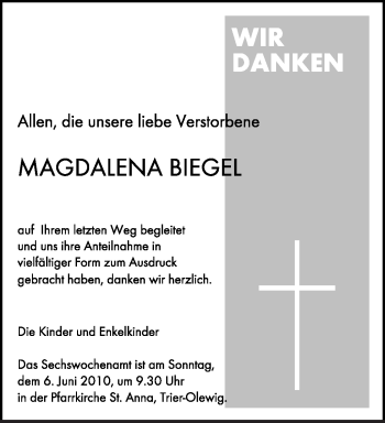 Traueranzeige von Magdalena Biegel von TRIERISCHER VOLKSFREUND