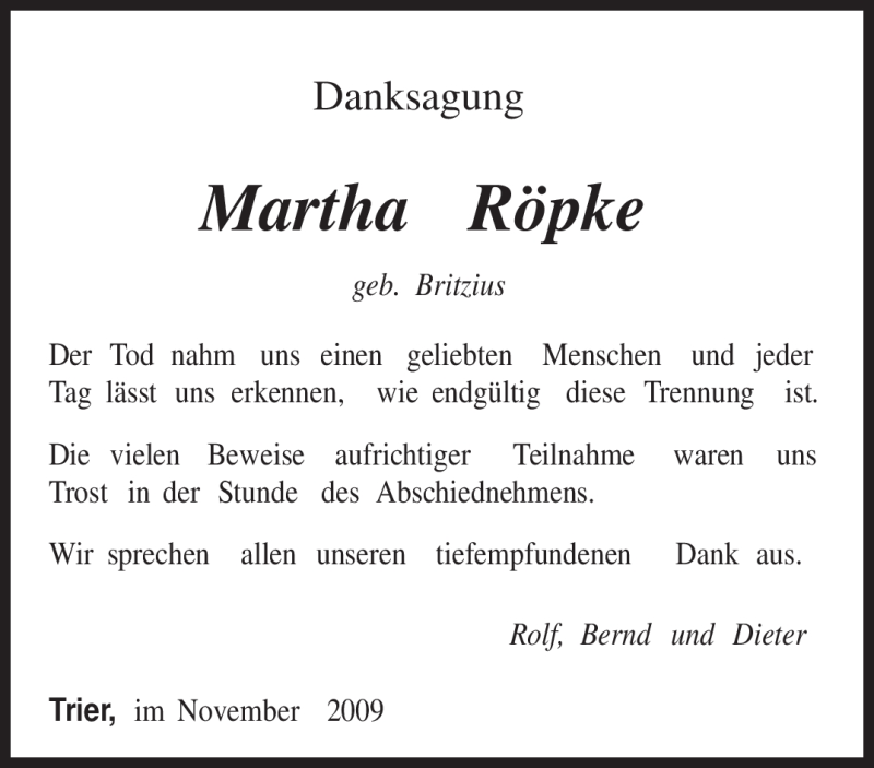  Traueranzeige für Martha Röpke vom 21.11.2009 aus TRIERISCHER VOLKSFREUND