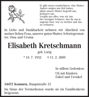 Traueranzeige von Elisabeth Kretschmann von TRIERISCHER VOLKSFREUND