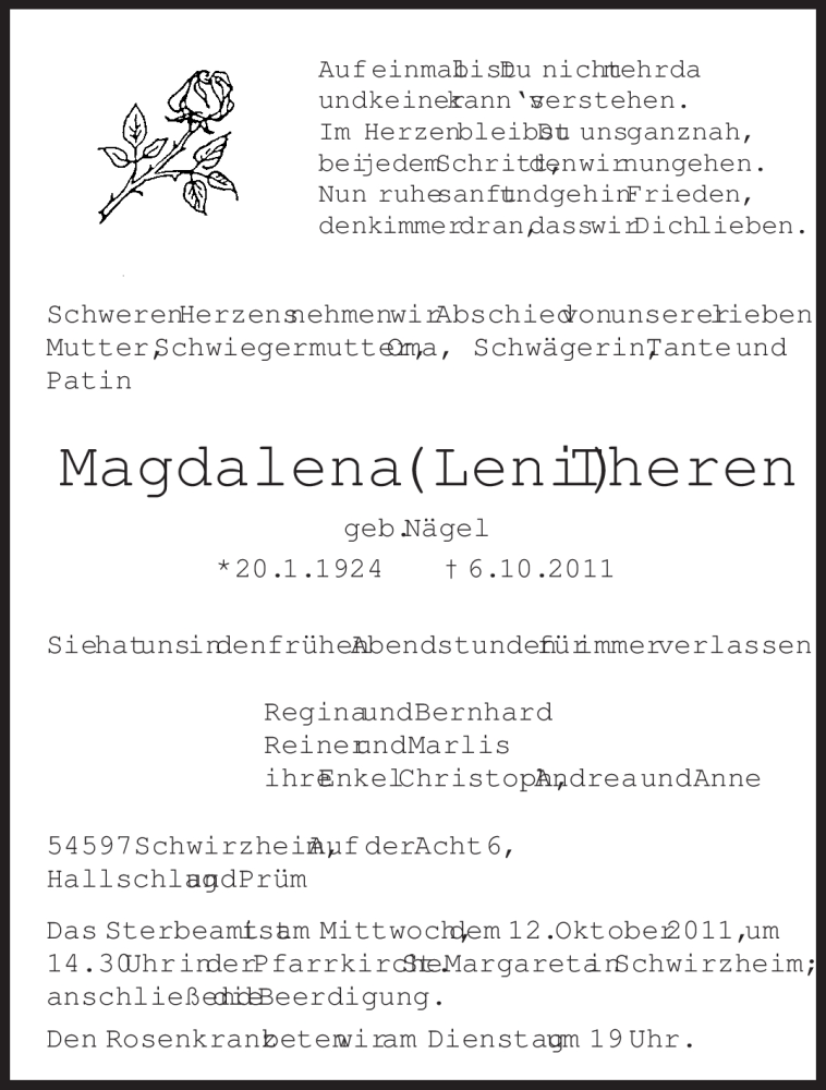  Traueranzeige für Magdalena Theren vom 10.10.2011 aus TRIERISCHER VOLKSFREUND