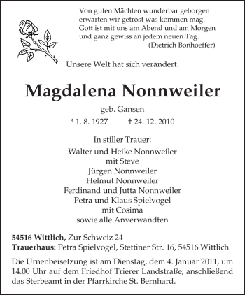 Traueranzeige von Magdalena Nonnweiler von TRIERISCHER VOLKSFREUND