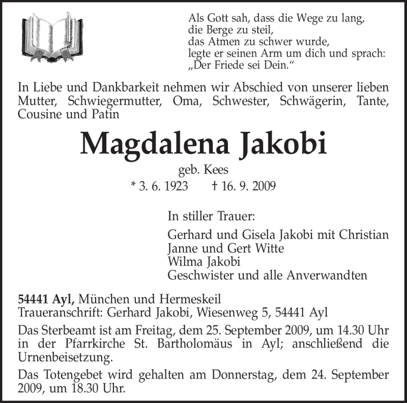  Traueranzeige für Magdalena Jakobi vom 19.09.2009 aus TRIERISCHER VOLKSFREUND