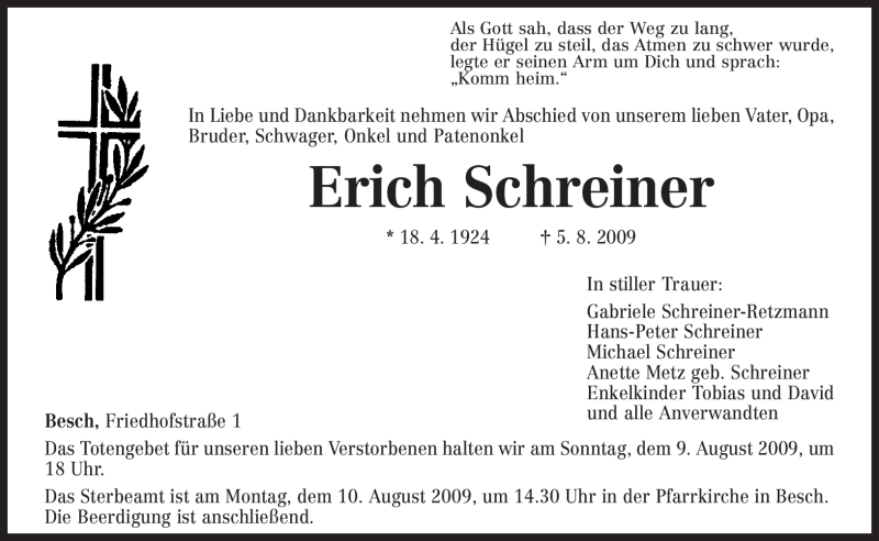  Traueranzeige für Erich Schreiner vom 06.08.2009 aus TRIERISCHER VOLKSFREUND