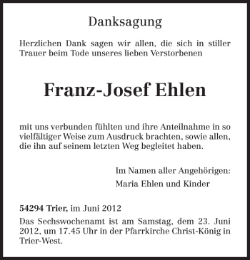 Traueranzeige von Franz-Josef Ehlen von TRIERISCHER VOLKSFREUND