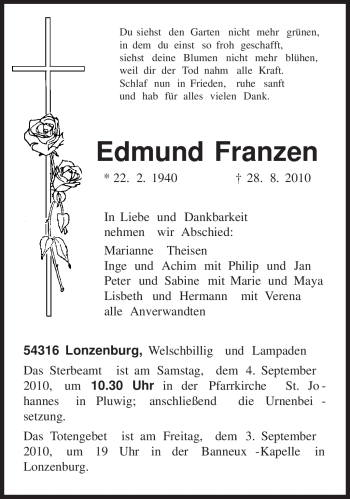 Traueranzeige von Edmund Franzen von TRIERISCHER VOLKSFREUND