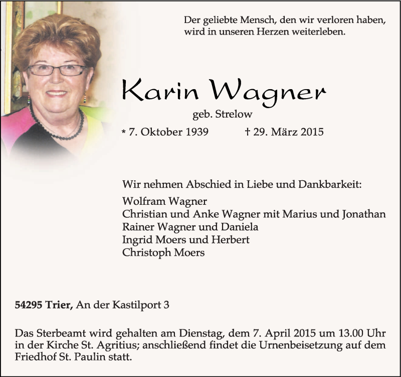  Traueranzeige für Karin Wagner vom 02.04.2015 aus trierischer_volksfreund
