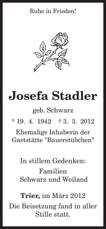 Traueranzeige von Josefa Stadler von TRIERISCHER VOLKSFREUND