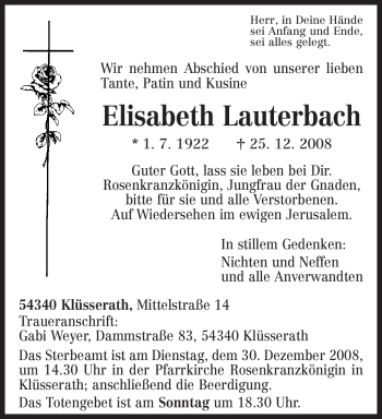 Traueranzeige von Elisabeth Lauterbach von TRIERISCHER VOLKSFREUND