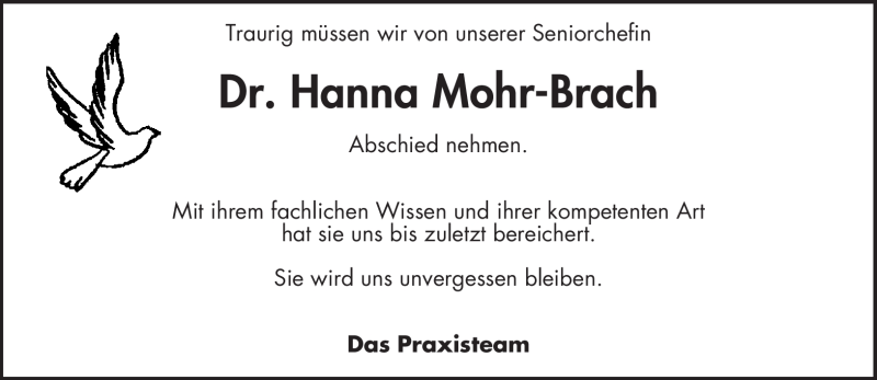  Traueranzeige für Hanna Mohr-Brach vom 15.01.2009 aus TRIERISCHER VOLKSFREUND