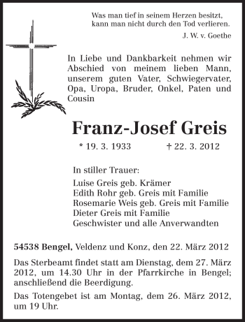 Traueranzeige von Franz-Josef Greis von TRIERISCHER VOLKSFREUND