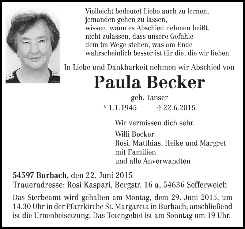  Traueranzeige für Paula Becker vom 27.06.2015 aus trierischer_volksfreund