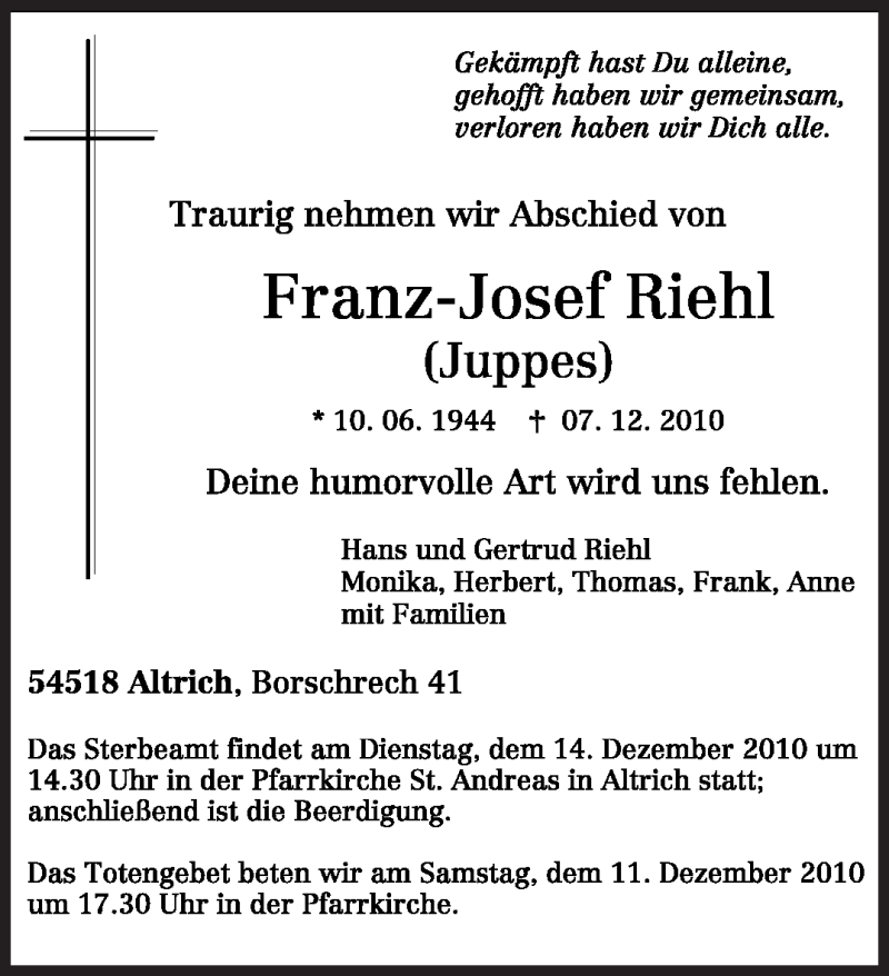  Traueranzeige für Franz-Josef Riehl vom 10.12.2010 aus TRIERISCHER VOLKSFREUND