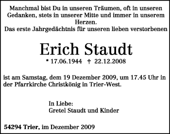 Traueranzeige von Erich Staudt von TRIERISCHER VOLKSFREUND