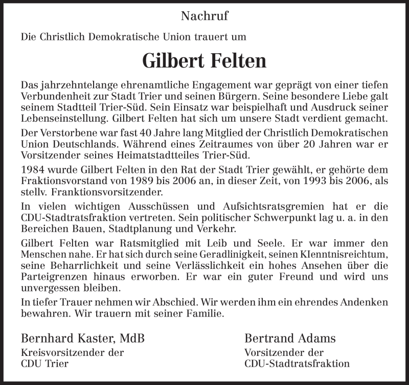  Traueranzeige für Gilbert Felten vom 30.09.2008 aus TRIERISCHER VOLKSFREUND