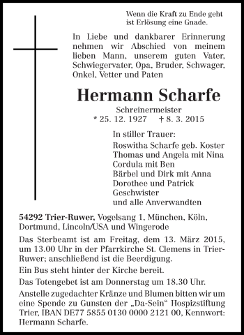 Traueranzeige von Hermann Scharfe von trierischer_volksfreund