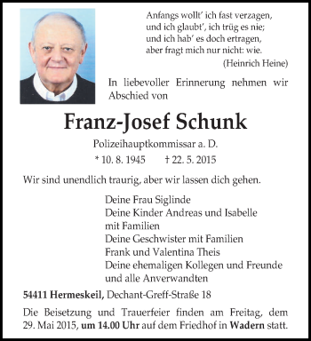 Traueranzeige von Franz-Josef Schunk von trierischer_volksfreund