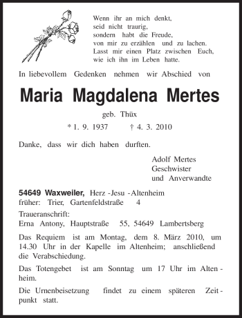 Traueranzeige von Maria Magdalena Mertes von TRIERISCHER VOLKSFREUND