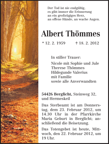 Traueranzeige von Albert Thömmes von TRIERISCHER VOLKSFREUND