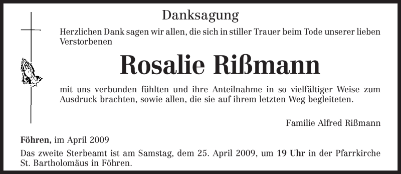  Traueranzeige für Rosalie Rißmann vom 20.04.2009 aus TRIERISCHER VOLKSFREUND