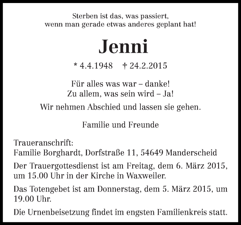  Traueranzeige für Jenni  vom 04.03.2015 aus trierischer_volksfreund