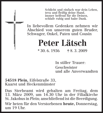 Traueranzeige von Peter Lätsch von TRIERISCHER VOLKSFREUND