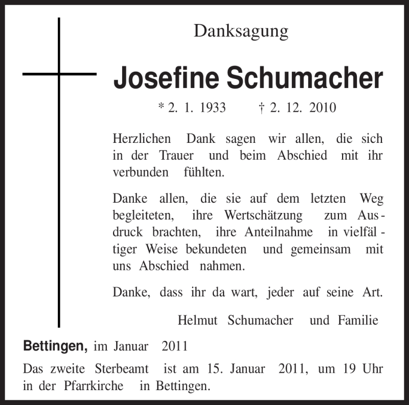  Traueranzeige für Josefine Schumacher vom 08.01.2011 aus TRIERISCHER VOLKSFREUND