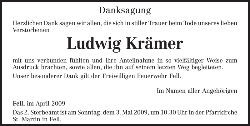  Traueranzeige für Ludwig Krämer vom 29.04.2009 aus TRIERISCHER VOLKSFREUND