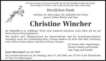 Traueranzeige von Christine Wincher von TRIERISCHER VOLKSFREUND