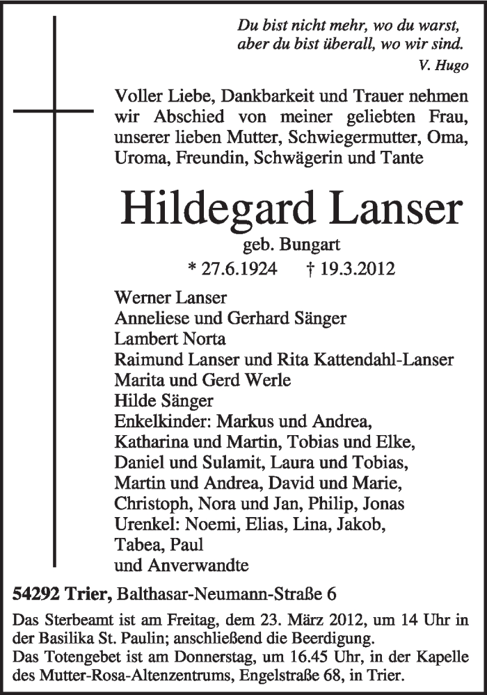  Traueranzeige für Hildegard Lanser vom 21.03.2012 aus TRIERISCHER VOLKSFREUND