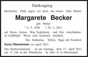 Traueranzeige von Margarte Becker von TRIERISCHER VOLKSFREUND