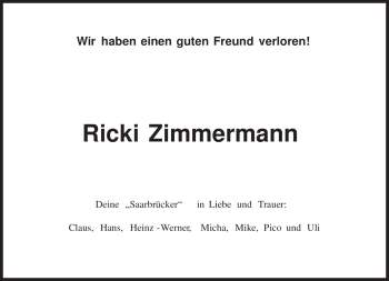 Traueranzeige von Ricki Zimmermann von TRIERISCHER VOLKSFREUND