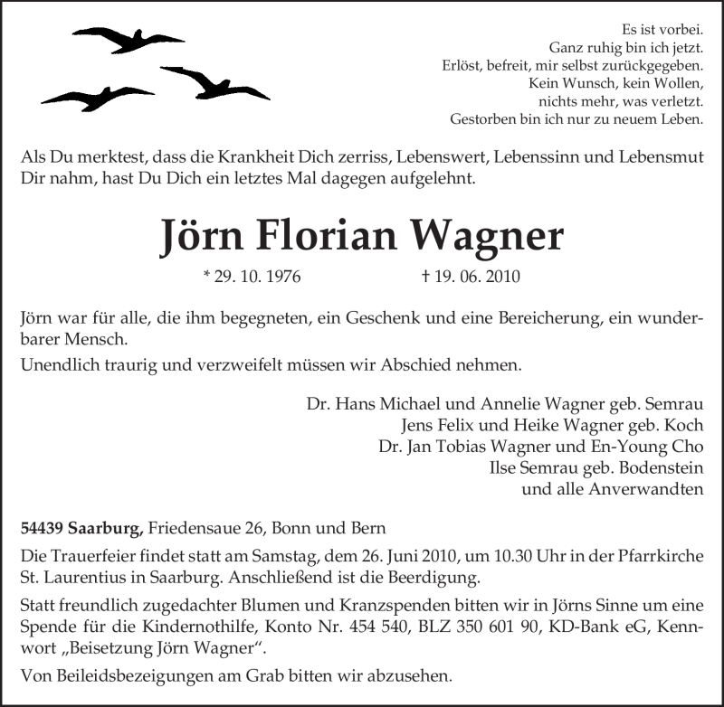  Traueranzeige für Jörn Florian Wagner vom 23.06.2010 aus TRIERISCHER VOLKSFREUND