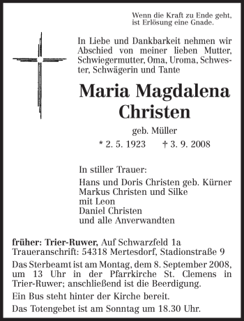 Traueranzeige von Maria Magdalena Christen von TRIERISCHER VOLKSFREUND