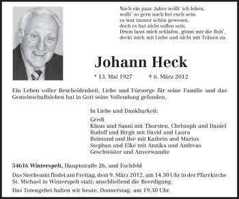 Traueranzeige von Johann Heck von TRIERISCHER VOLKSFREUND