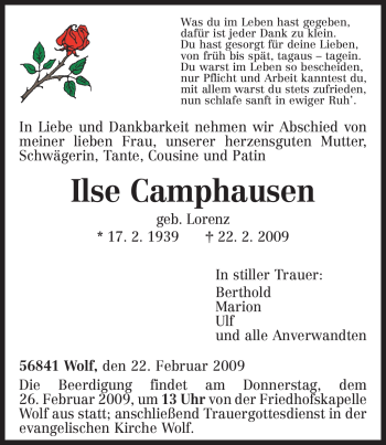 Traueranzeige von Ilse Camphausen von TRIERISCHER VOLKSFREUND