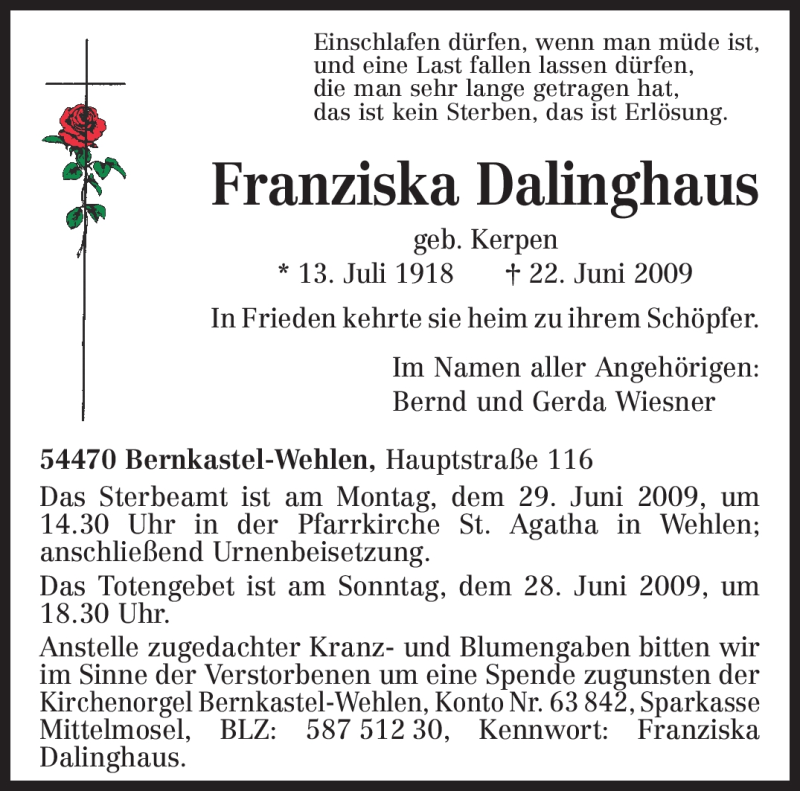  Traueranzeige für Franziska Dalinghaus vom 25.06.2009 aus TRIERISCHER VOLKSFREUND