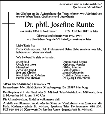 Traueranzeige von Josefine Runte von TRIERISCHER VOLKSFREUND