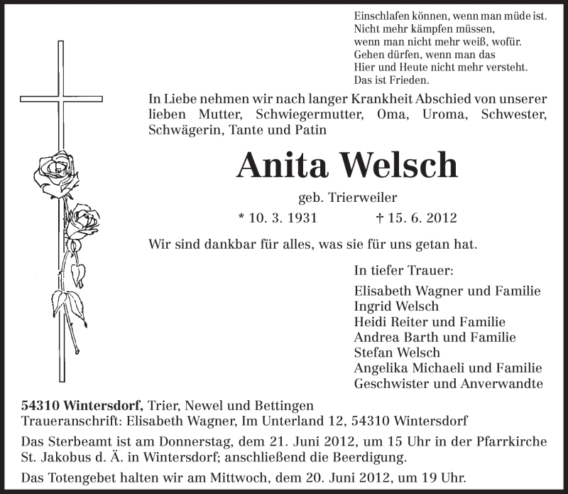  Traueranzeige für Anita Welsch vom 19.06.2012 aus TRIERISCHER VOLKSFREUND