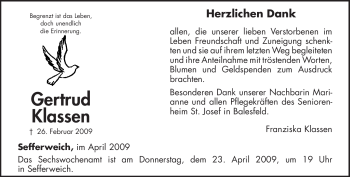 Traueranzeige von Gertrud Klassen von TRIERISCHER VOLKSFREUND