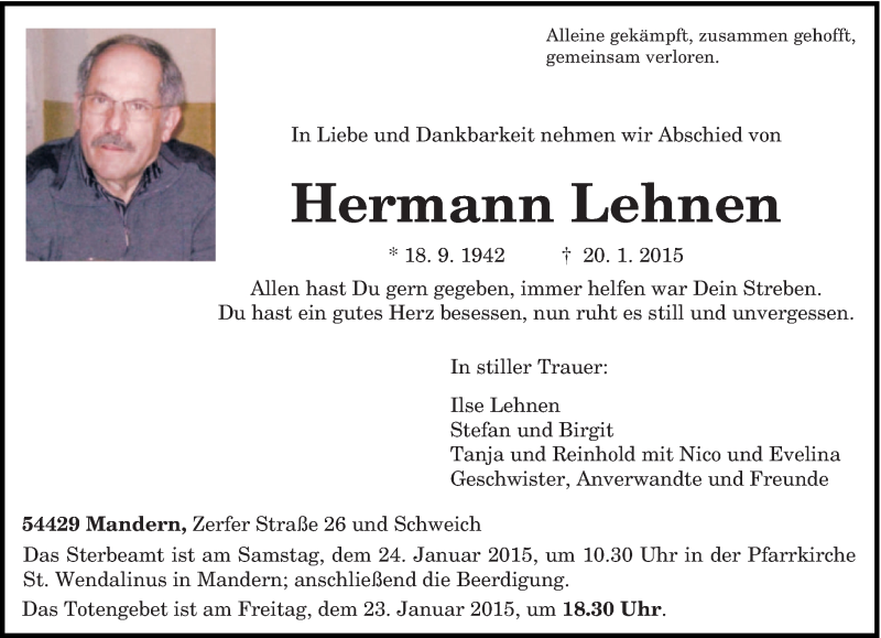  Traueranzeige für Hermann Lehnen vom 22.01.2015 aus trierischer_volksfreund