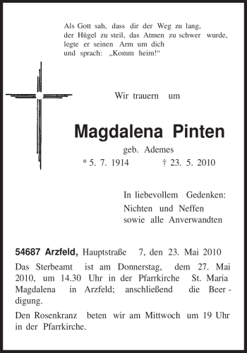 Traueranzeige von Magdalena Pinten von TRIERISCHER VOLKSFREUND