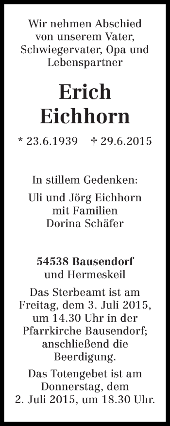 Traueranzeige von Erich Eichhorn von trierischer_volksfreund