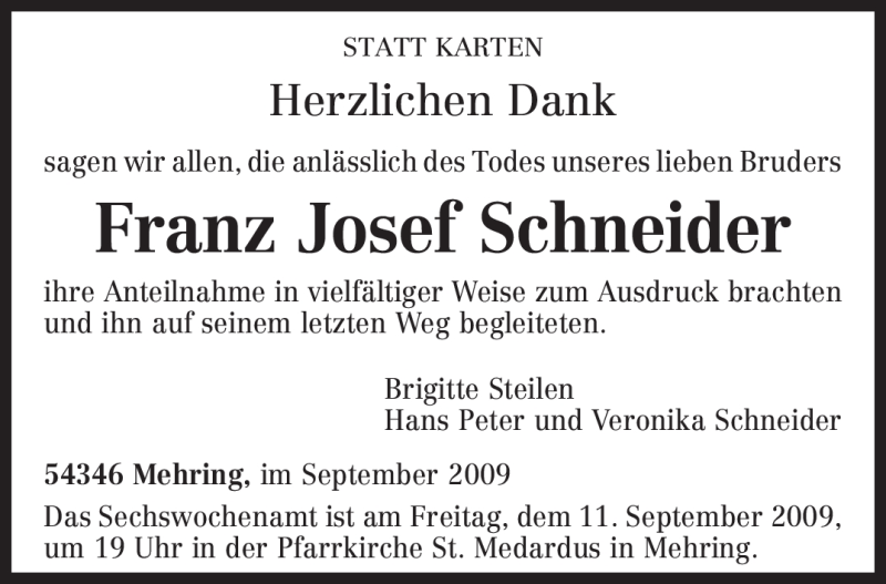 Traueranzeige für Franz Josef Schneider vom 07.09.2009 aus TRIERISCHER VOLKSFREUND