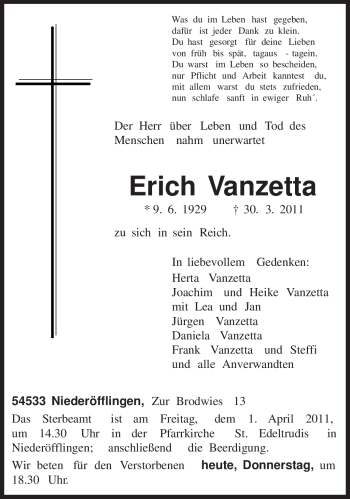 Traueranzeige von Erich Vanzetta von TRIERISCHER VOLKSFREUND