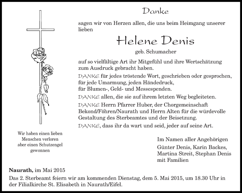  Traueranzeige für Helene Denis vom 02.05.2015 aus trierischer_volksfreund
