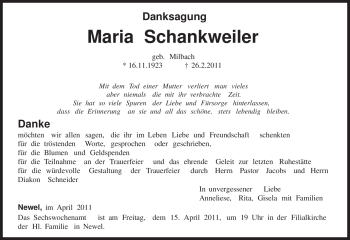 Traueranzeige von Maria Schankweiler von TRIERISCHER VOLKSFREUND